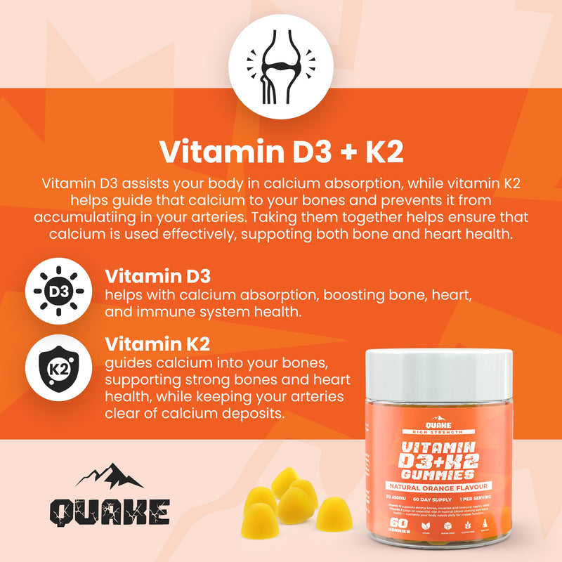 Quake Vitamin D3 + K2 Gummies 4000 IU (100µg) D3 & MK-7 - High Strength Vegan Vitamin D Gummies for Immune Support, Bones & Daily Health - Orange Flavour - 60 Gummies (60 Day Supply)