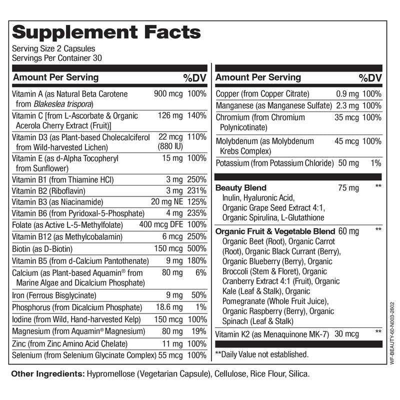 NATURELO Whole Food Multivitamin with Extra Hair, Skin & Nails Support - Beauty Blend with Hyaluronic Acid & Grape Seed - High Potency Biotin, Vitamin C, & Glutathione, 60 Vegan Capsules (Pack of 2) Unflavored 60 Count (Pack of 2)