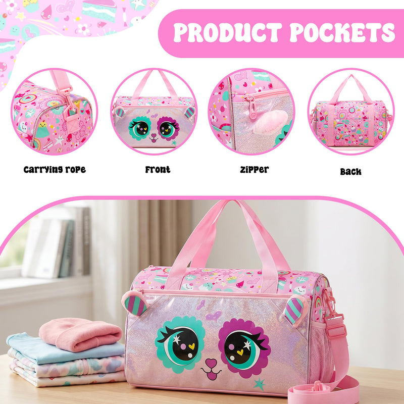 Kids Duffle Bag Girls Ballet Dance Bag Overnight Travel Bags for Girls Gymnastics Sports Bags for Kids with Shoe Compartment Pink Cat