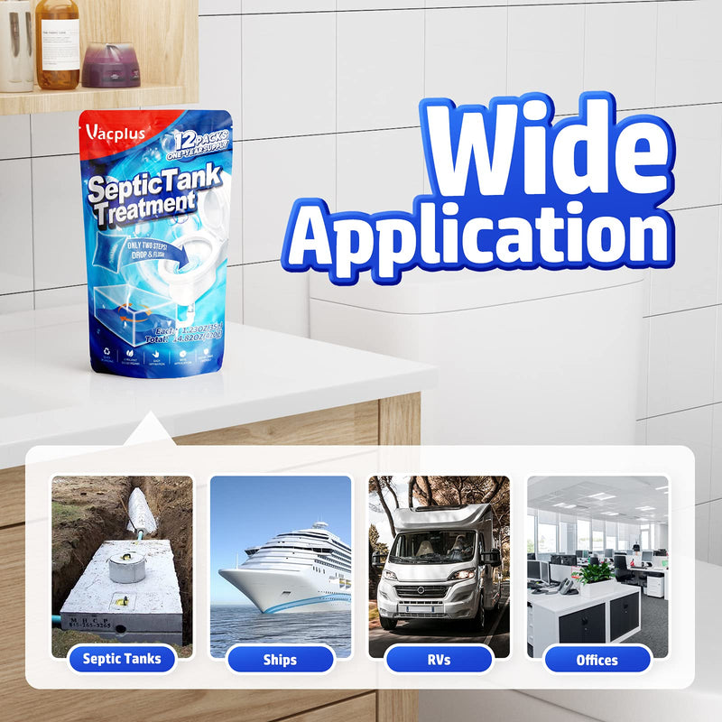 [Australia] - Vacplus Septic Tank Treatment 12 Pcs for 1-Year Supply, Dissolvable Packs with Easy Operation, Durable Biodegradable Enzymes for Wastes, Greases & Odors Blue(2X efficiency) 