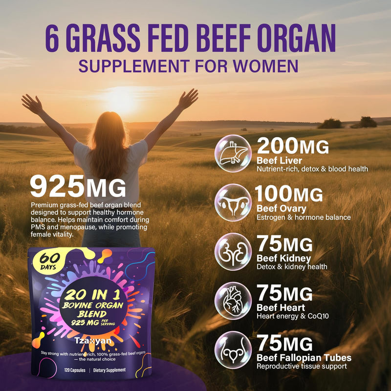 [Australia] - 20-In-1 Beef Organ Supplement for Women, 925MG Grass Fed Beef Liver, Uterus, Ovary & 3 more with Maca, DIM, Black Cohosh, Vitamin & Mineral, Bovine organ Capsules for Hormone Balance, Energy, 60 Days 120 Count (Pack of 1) 