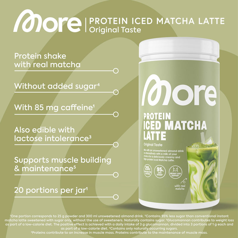 More Protein Iced Matcha Latte, 500 g, 1.1 lbs, 20 Servings, Matcha Powder with whey Protein, Low in Sugar and Fat – Made in Germany 500 g (Package of 1)