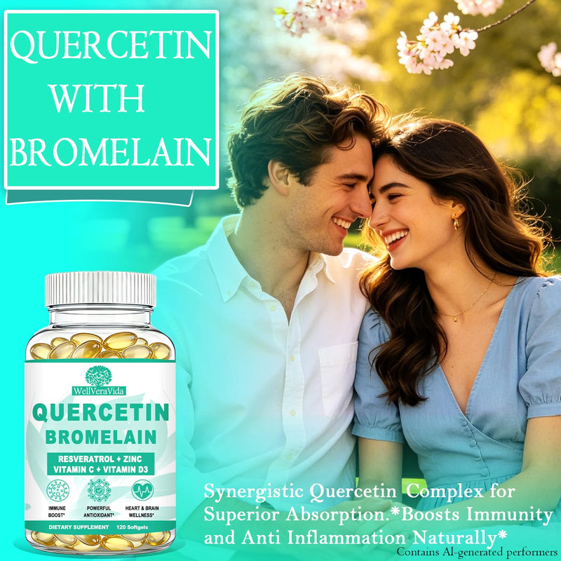 Quercetin with Bromelain, Extra Strength Quercetin 1000mg & Bromelain 500mg | with Zinc Vitamin C & D3, Healthy Immune System & Seasonal Allergy Health for Women Men, Liposomal Quercetin Phytosome, 120Ct