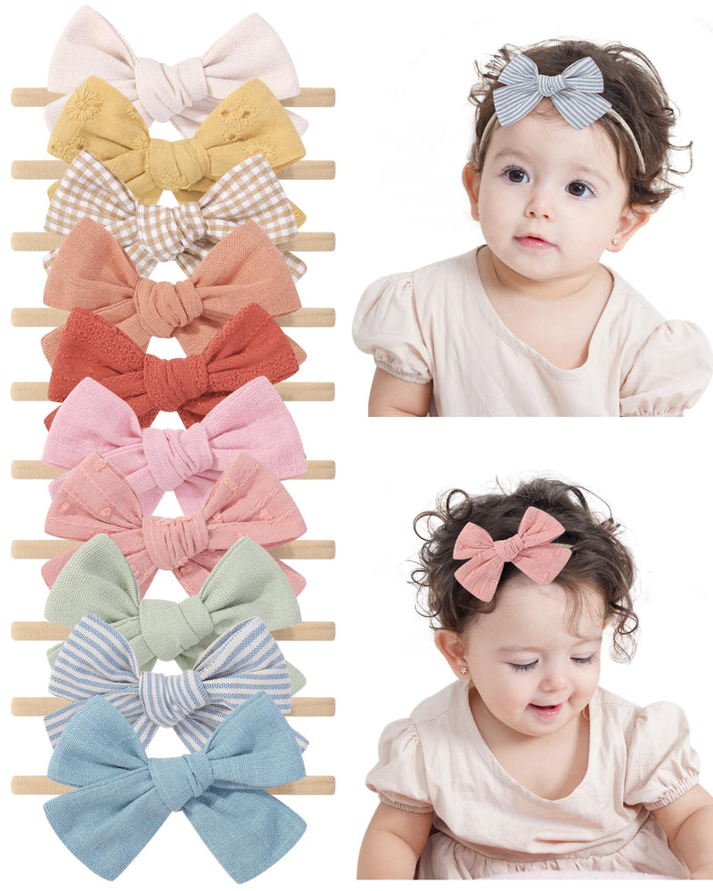 doboi 10PCS Baby Girls Headbands Hair Bows Nylon Cotton Linen Hairbands Handmade Hair Accessories for Newborn Infant Toddlers Little Girl and Kids 3.5Inches Spring Color