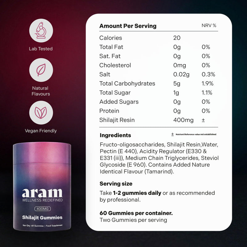 ARAM Lab Tested Purified Shilajit Extract Gummies 400mg | Himalayan Sourced Tamarind Flavour Shilajit Supplement | Mineral Rich Fulvic Acid | Sugar Free Pectin Vegan | 60 Gummies