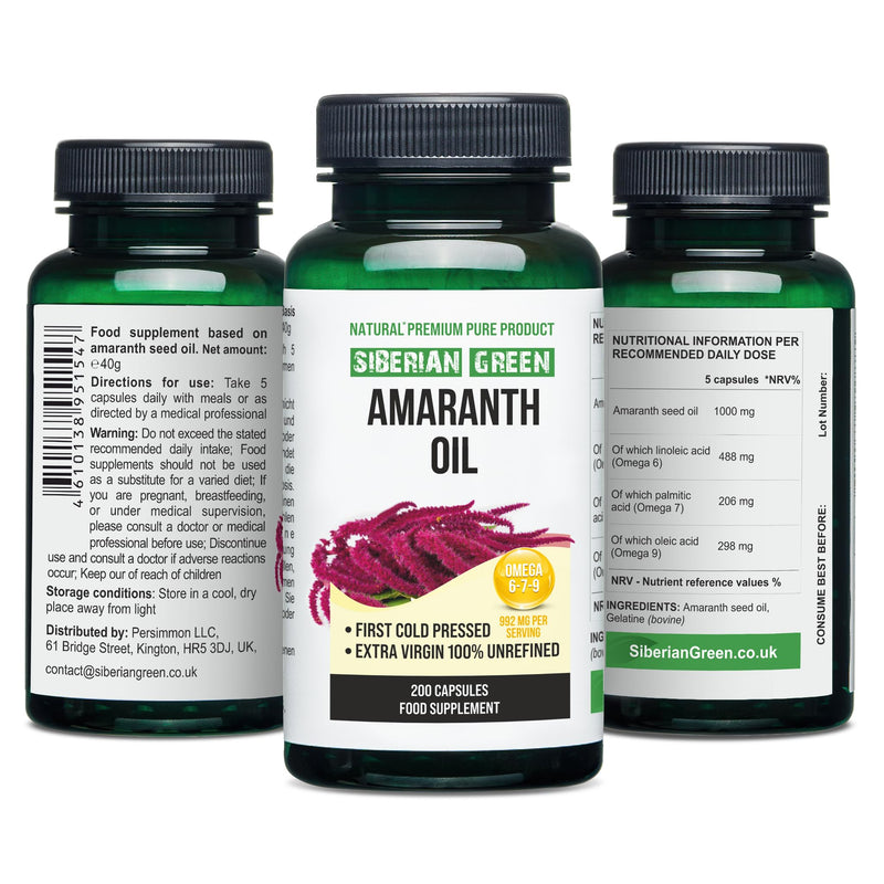 Siberian Green Amaranth Seed Oil Capsules 200 Softgels Wild Harvested Siberia Altai Cold Pressed Unrefined