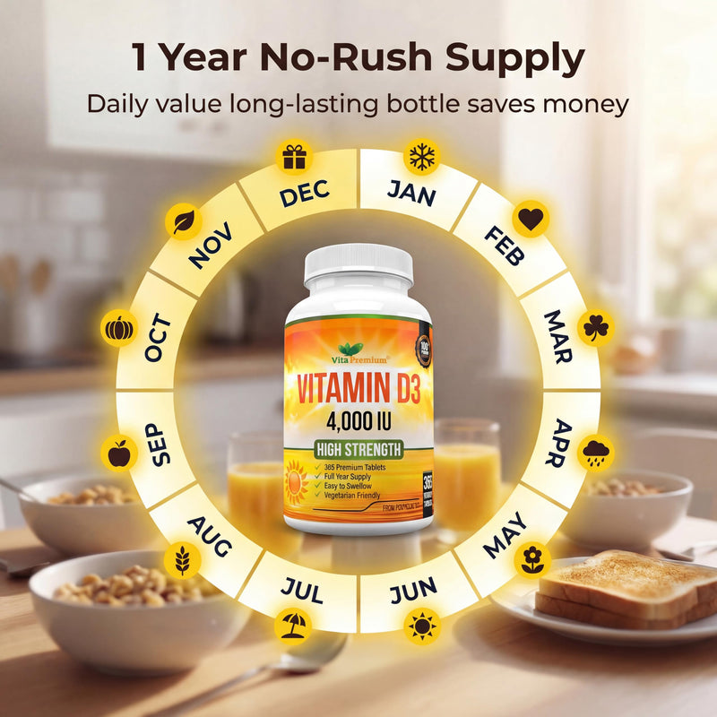 Vitamin D 4,000 IU Tablets, Maximum Strength Vitamin D3 Supplement, 365 Easy to Swallow Tablets - Full Year Supply