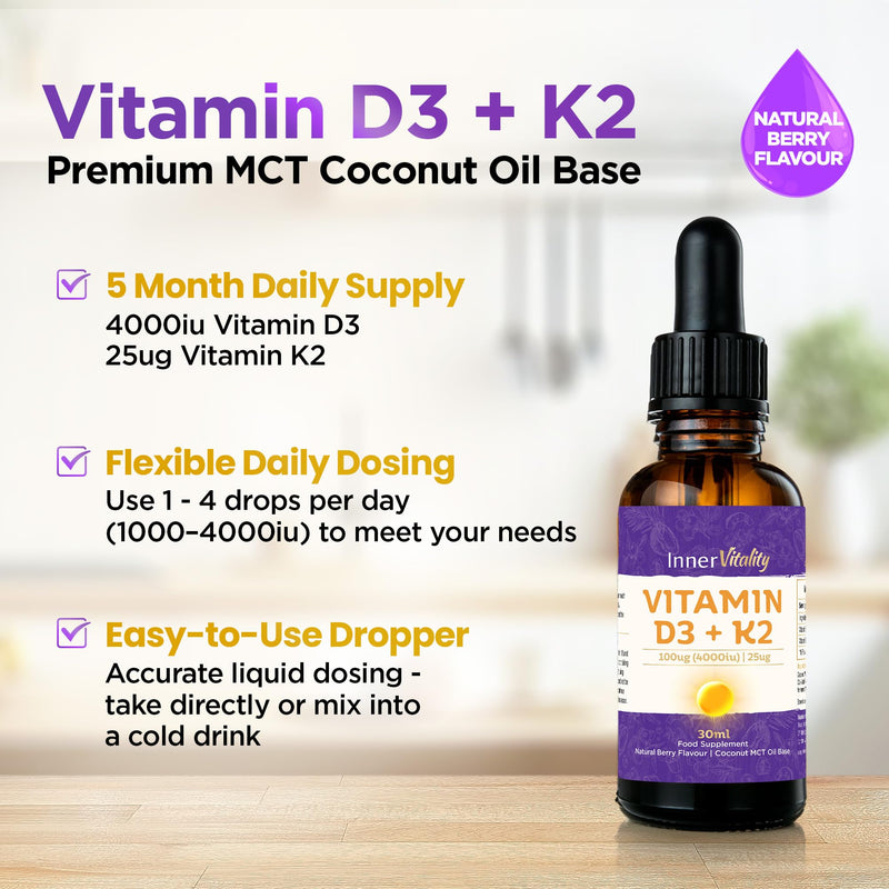 Vitamin D3 K2 Drops 4000iu Fast Absorbing MCT Oil for Immunity & Bones, 5-Month Supply High Strength Natural Berry Flavour Supplement for Adults & Kids 30ml