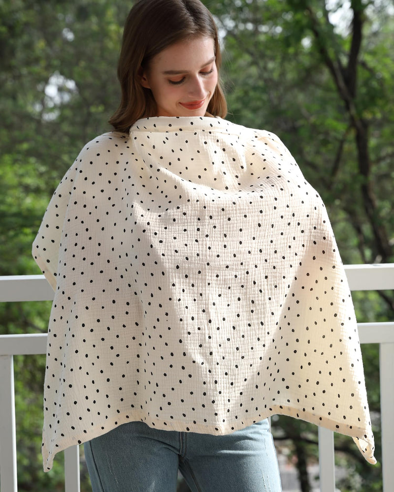 [Australia] - Nursing Cover for Baby Breastfeeding with Rigid Hoop, Breathable Soft 100% Muslin Cotton, Baby Breast Feeding & Pumping Apron, Multi Use Baby Car Seat Stroller Cover (Beige polka dots) Beige polka dots 