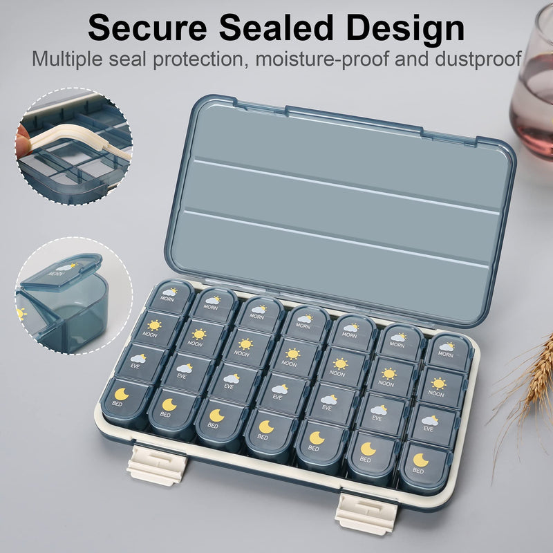 Acedada Pill Organizer 4 Times A Day, Weekly Travel Pill Box 7 Day, Blue | Large Medicine Organizer Box, Pill Case 4X A Day, Easy to Open, Daily Pill Holder Container for Vitamin, Fish Oil Supplements