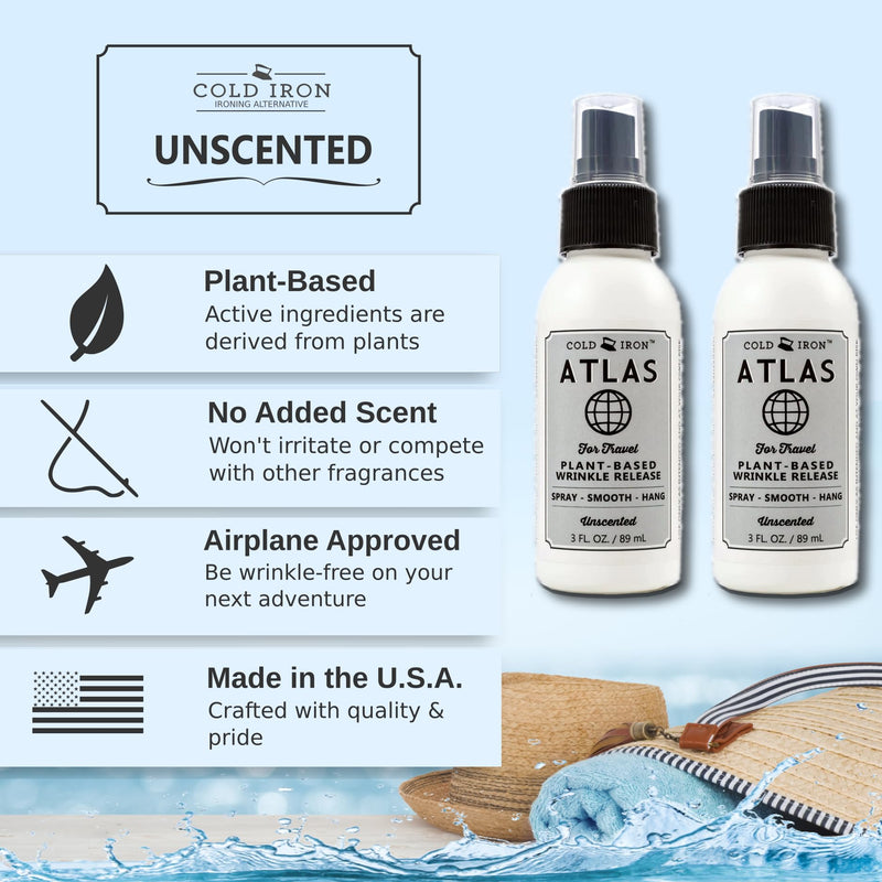 [Australia] - Wrinkle Release Spray for Clothes. Atlas Travel Size 3 fl oz/89 ml. Fragrance Free. Fast, Easy to Use Ironing Alternative. Spray, Smooth, Hang. Award Winning for People on The Go 3 Fl Oz (Pack of 2) Unscented 
