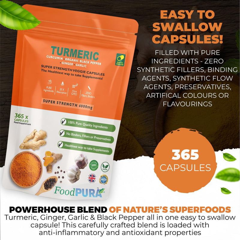 365 x 4000mg Turmeric (Curcumin), Ginger, Garlic & Organic Black Pepper Capsules HACCP Certified, Manufactured in The UK by FoodPURA (365) 365