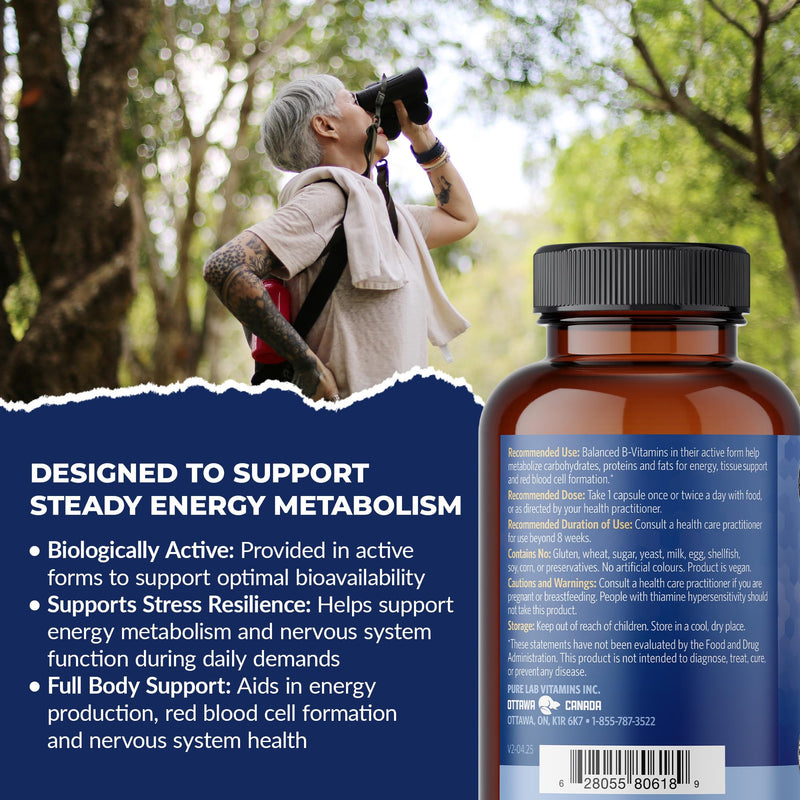 Pure Lab Vitamins Slow Release BioActive B Complex | 120 Vegi-Caps | Slow release formula, methylated B vitamins, Vegan, third-party tested