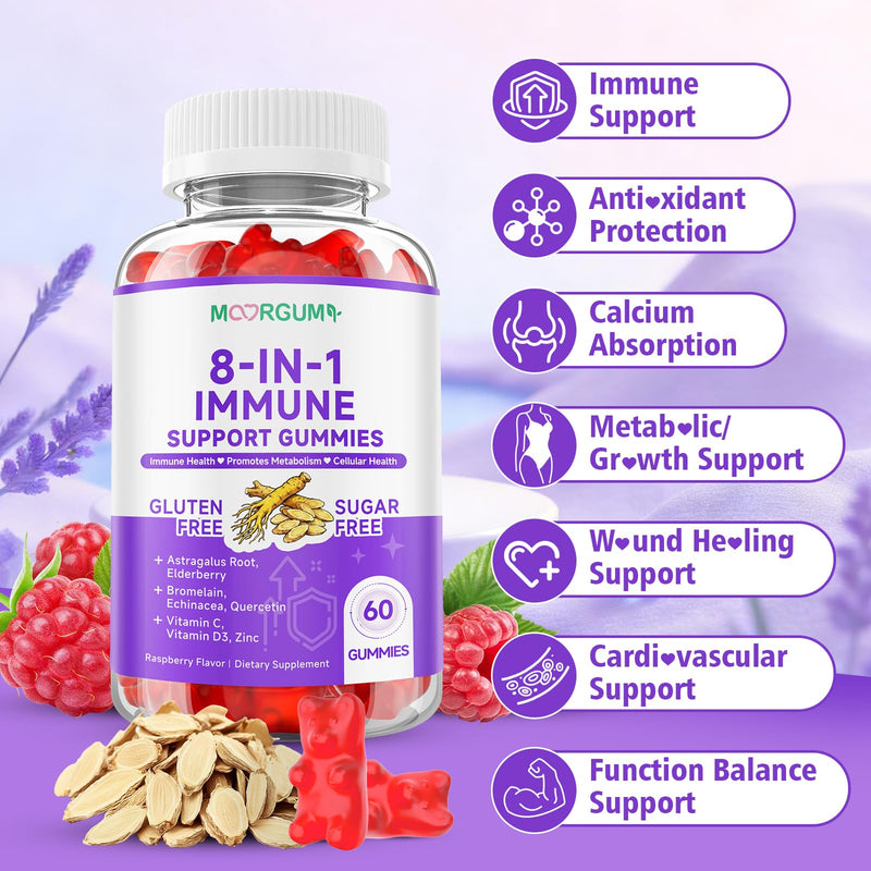 Immune Support Gummies – 8-in-1 Formula Herbal Supplements with Astragalus, Elderberry, Quercetin, Bromelain, Echinacea, Vitamin C, D3 and Zinc for Everyday Balance, Raspberry Flavor, 60 Count 60 Count (Pack of 1)