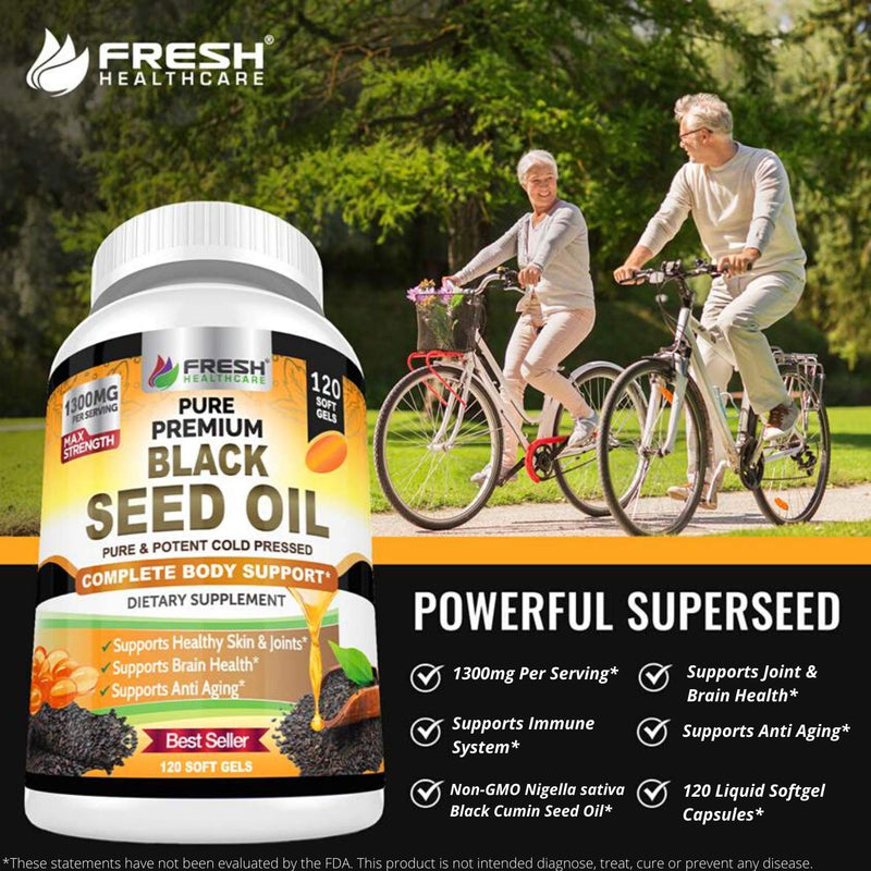 [Australia] - FRESH HEALTHCARE Black Seed Oil Capsules Cold Pressed 1300mg Per Serving, 100% Pure & Premium Non-GMO Nigella Sativa Black Cumin Seed Oil, Supports Immune System, Joint & Skin Health - 120 Capsules 