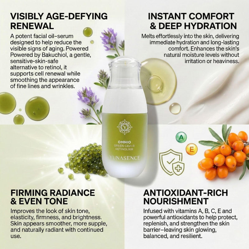 YUNASENCE OMNIO Green Cavi-R Retinolixir, w/3% Bakuchiol, Marula, Vitamin C, Chaga Mushroom. Anti Aging, Firming. Bio-Retinol.