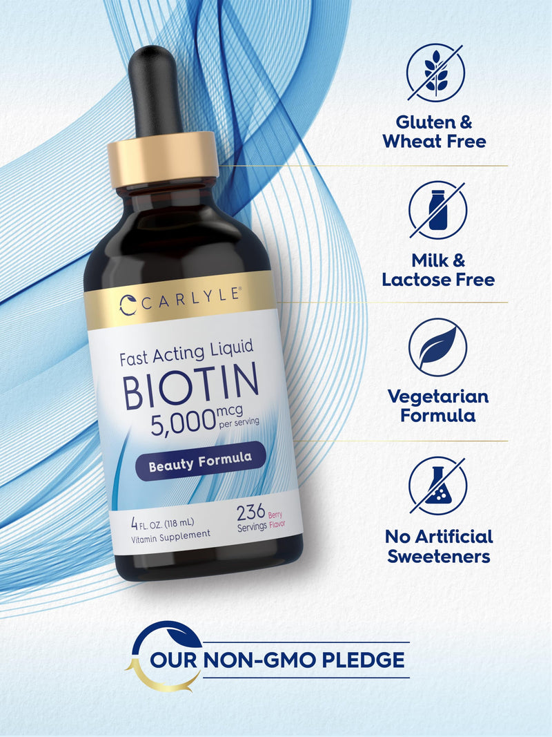 Carlyle Biotin 5000mcg Liquid Drops | 4 fl oz | for Women and Men | Berry Flavor | Beauty Formula | Vegetarian, Non-GMO & Gluten Free Supplement