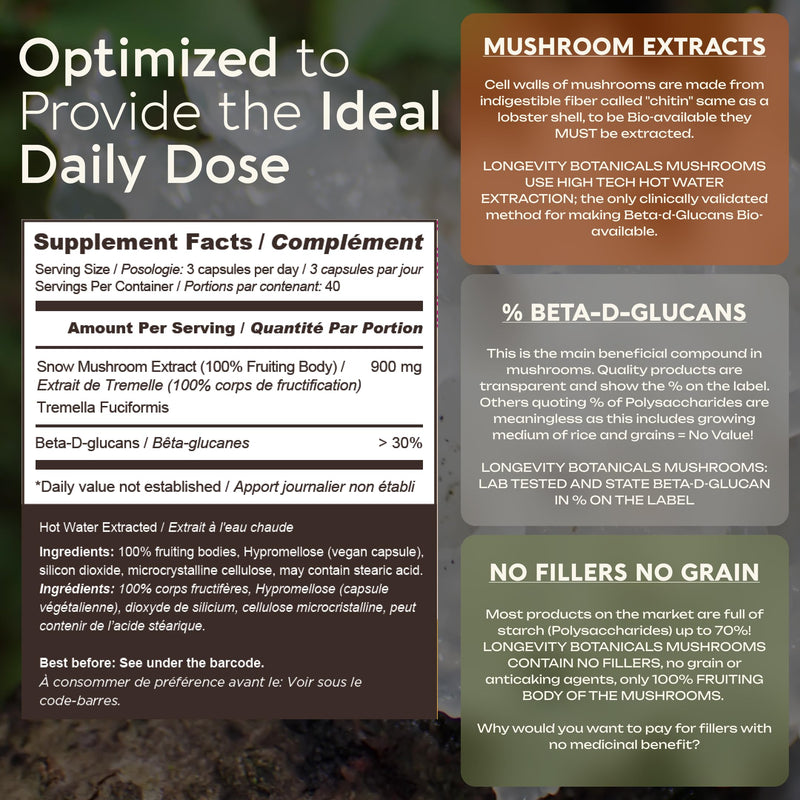Tremella Mushroom Capsules Supplement (120) | Fruiting Body 10:1 High Strength Snow Fungus Extract | 10% Beta-D Glucans | 9 000mg Raw Equivalent Per Serving | No Fillers | Skin Hair & Brain Support Tremella Capsules 120