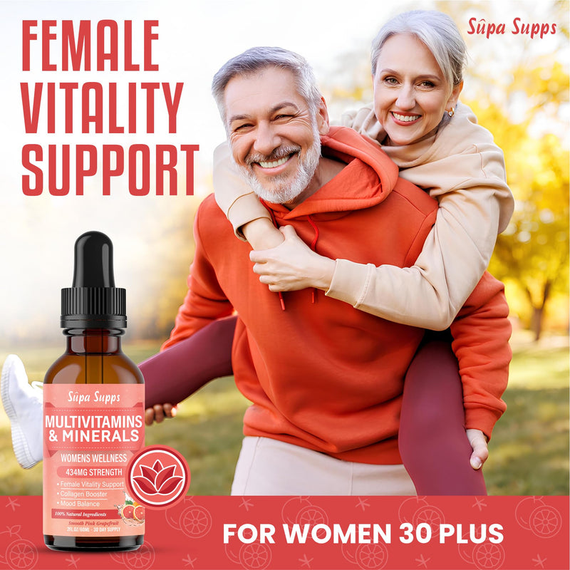 Multivitamins & Minerals for Women 30 Plus - Daily Vitamins A C D E K B Complex, Iron & Zinc - Smooth Pink Grapefruit Flavour - Liquid Multivitamin for Women - Alternative to Tablets & Gummies - 60ml