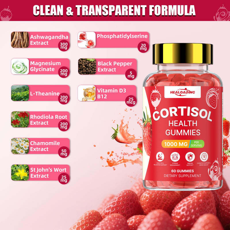 Cortisol Supplements for Women: Cortisol Reducer Gummies with Ashwagandha Magnesium L-theanine Phosphatidylserine Vitamin B12 for Daily Relaxation Support