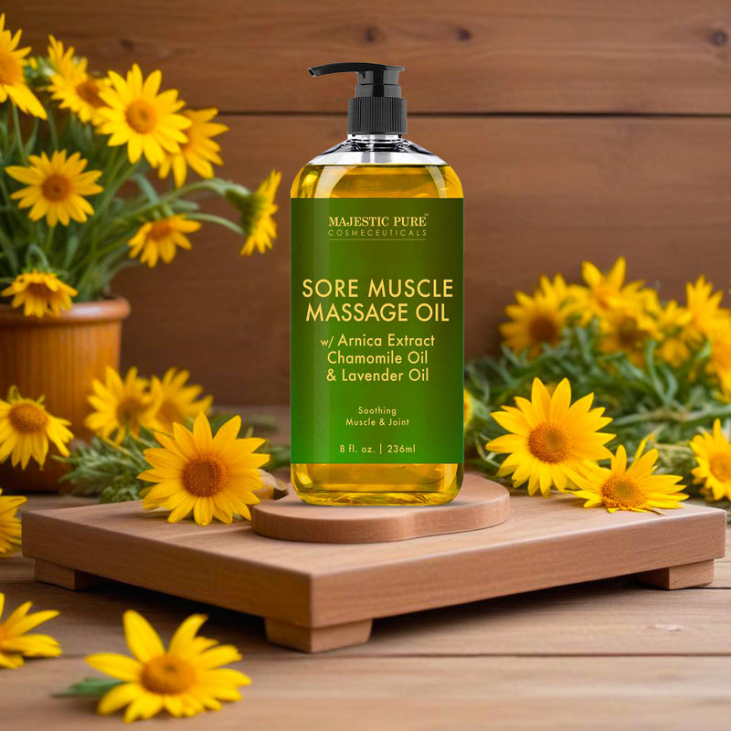 [Australia] - MAJESTIC PURE Arnica Sore Muscle Massage Oil for Massage Therapy - Natural Oil with Lavender and Chamomile Essential Oils - Multipurpose Instant Absorption Full Body Massage Oil - 8 fl. oz 