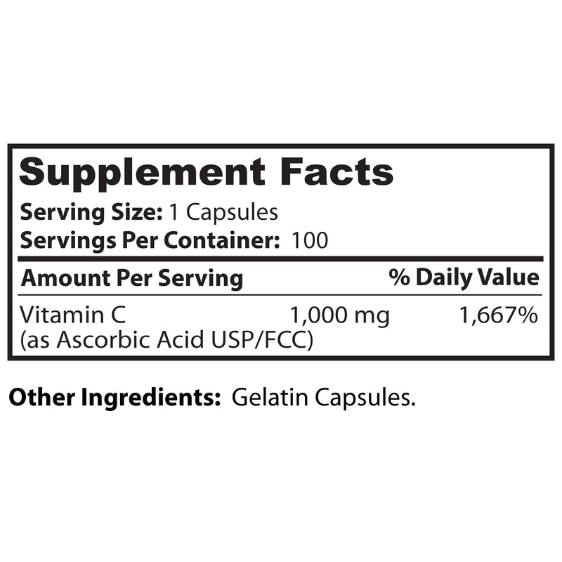 Dr Clark Store Vitamin C Supplement 1000mg, 100 Gelatin Capsules (100 Day Supply), Supports Brain Function, Immunity Support, Potent antioxidant, Promotes Tissue Formation and Repair, Gluten Free