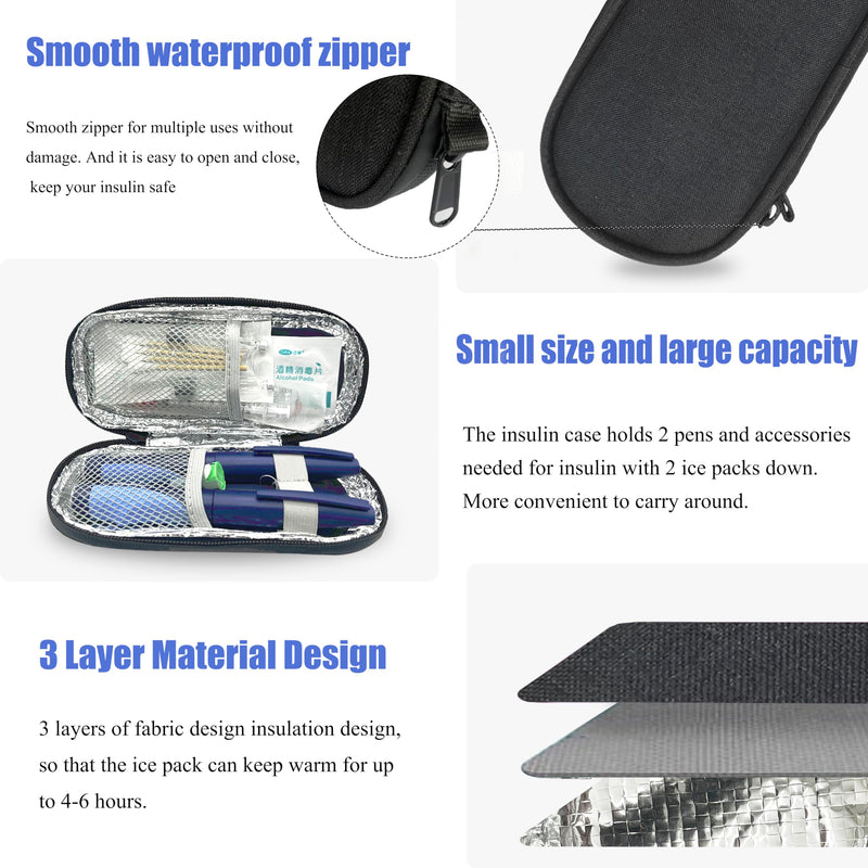 [Australia] - Insulin Pen Cooler Travel Case with TSA Approved Ice Packs,Diabetic Medication Insulated Cool Organizer,Insulin Pen and Other Diabetic Supplies, for The Daily Life and Trip Black 