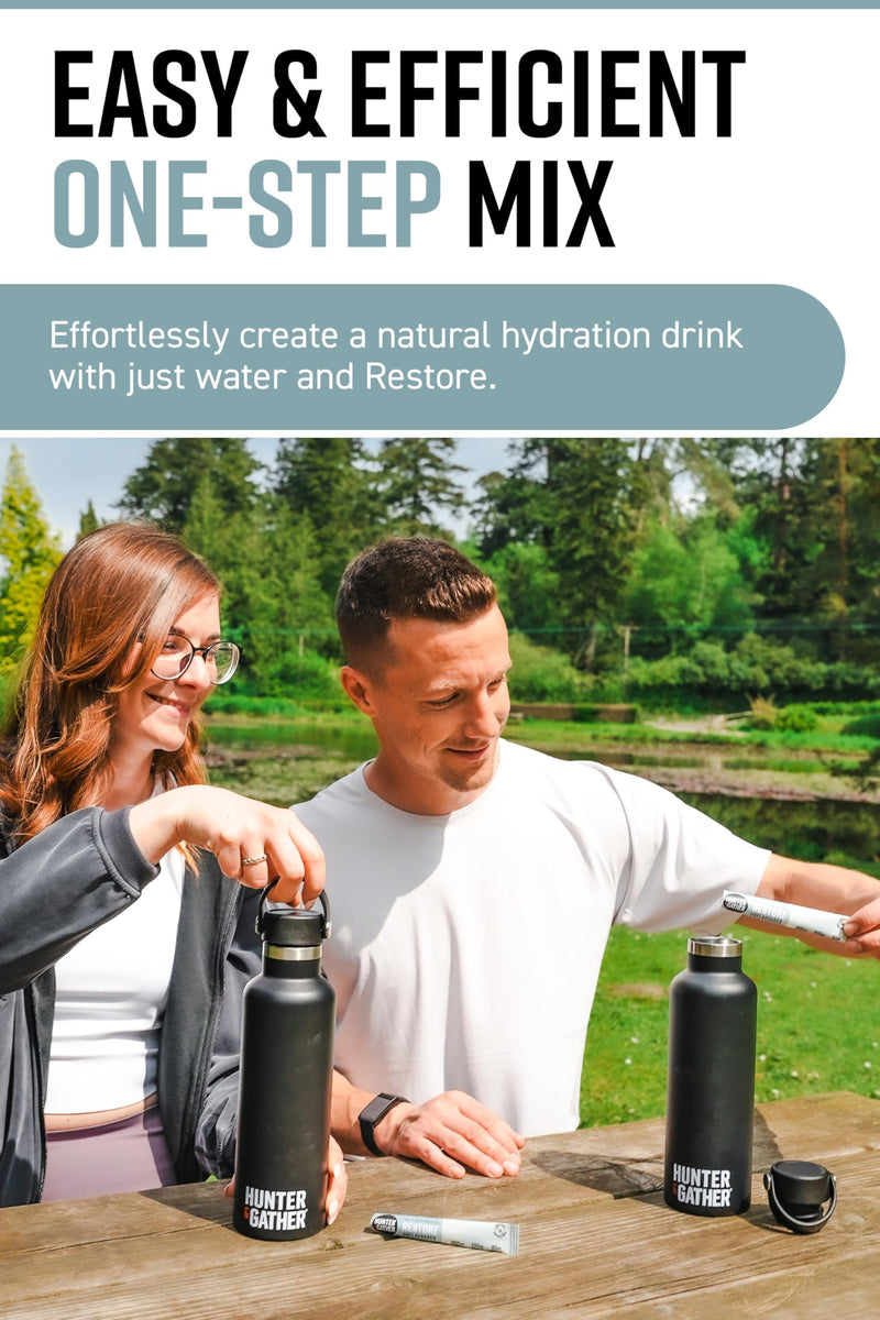 Hunter & Gather Restore Electrolytes Sachets x 30 I No Added Sugar or Artificial Sweeteners I 100% Natural Hydration I Optimal Mineral Ratio with Pink Himalayan Salt I Keto I with Natural Monk Fruit Unflavoured