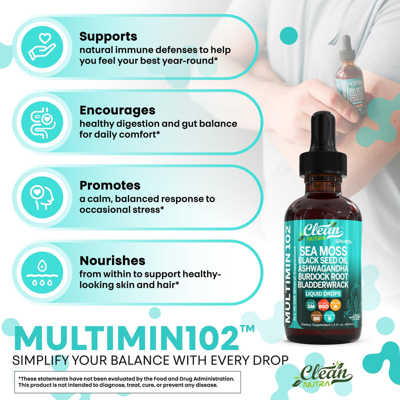 [Australia] - Clean Nutraceuticals Sea Moss Drops Supplement Liquid with Black Seed Oil Ashwagandha Burdock Root & Bladderwrack - Multimineral Organic Non-GMO Vegan for Gut Heath Skin Immune Support Hair (2) 2 