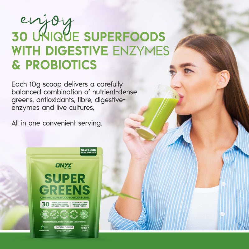 Super Greens Powder 30 Superfoods Blend with Spirulina Wheatgrass Chlorella Acai & Maca | Digestive Enzymes Probiotics Fibre Iron Vitamins | Vegan Gluten Free Natural Flavour | 300g 30 Servings