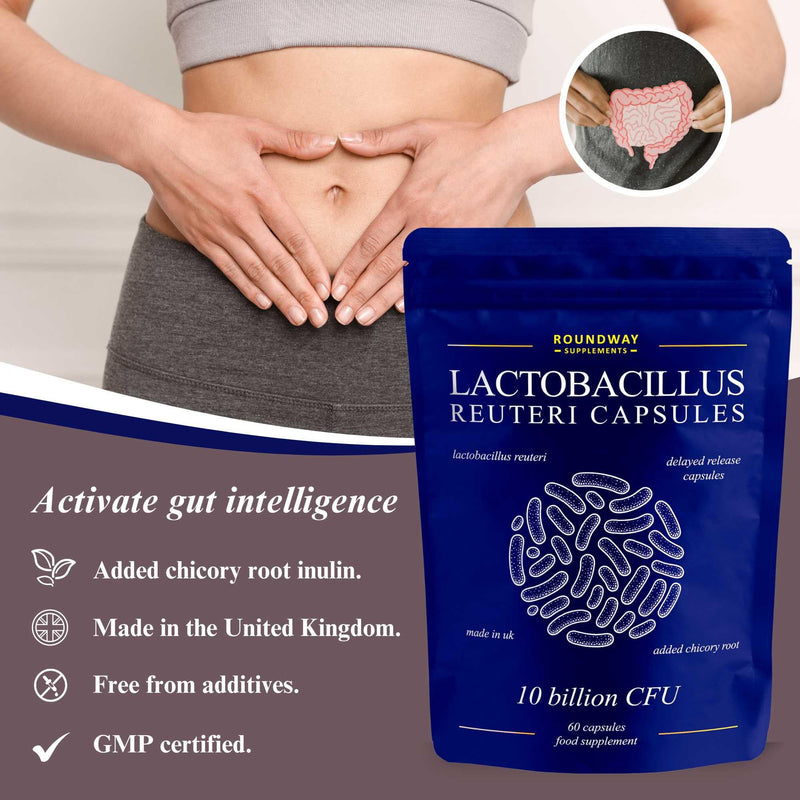 Lactobacillus Reuteri Probiotic Capsules | High Strength L Reuteri 10 Billion CFU | Probiotics for Gut Health | 2 Months Supply for Women & Men with Added Inulin Prebiotic by Roundway Supplements