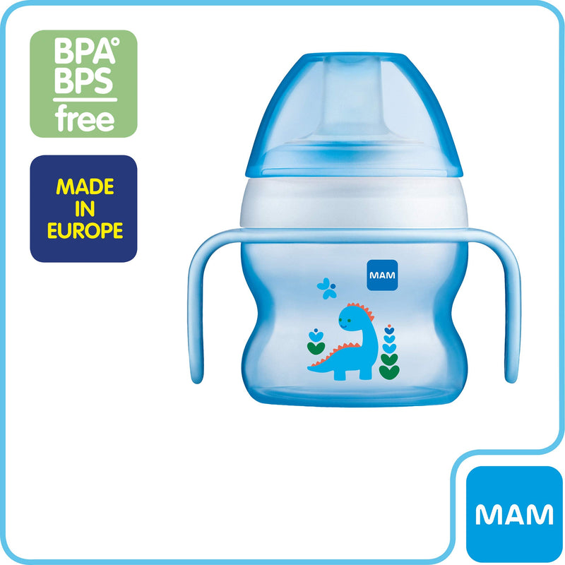 MAM Starter Cup (1 Count), MAM Sippy Cup, Drinking Cup with Extra-Soft Spill-Free Spout and Non-Slip Handles, for Boys 4+ Months, Five Ounces, Blue Boy