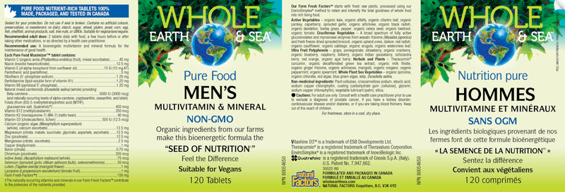 Natural Factors Whole Earth & Sea Men's Multivitamin & Mineral, 1 Serving Contains Nutrition Equivalent to ½ lb of Veggies, 120 Tablets 120 Count (Pack of 1)