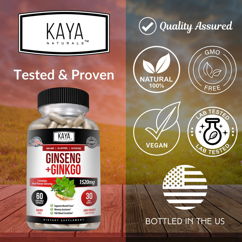 [Australia] - Kaya Naturals Red Panax Ginseng + Ginkgo Biloba | Nootropic Brain Supplement | Cognitive and Concentration Support | Brain Booster, Focus, and Memory Supplement | 60 Capsules 60 Count (Pack of 1) 