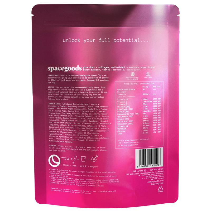 Spacegoods Glow Dust 240g | 30 Servings | Bovine Collagen Powder with B-Vitamin Complex | Magnesium, Calcium & Antioxidants | Gut-Health, Mood & Immunity Strength | Skin, Hair & Nails | Red Berry