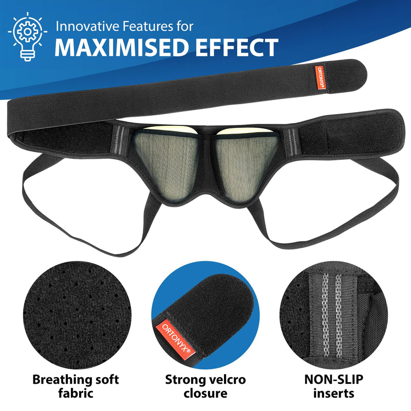 ORTONYX Inguinal Hernia Belt Truss for Single/Double Bilateral Hernias with 2 Removable Compression Pads for Men and Women, Comfortable Breathable Material XL (38.0"-47.25") Black