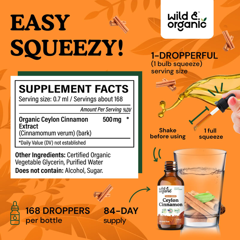 [Australia] - Wild & Organic Ceylon Cinnamon Tincture 500 mg - Liquid Cinnamon Supplements for Overall Support - Cinnamomum Verum Bark Extract - Vegan, Sugar & Alcohol-Free, Non-GMO - 4 fl oz 4 Fl Oz (Pack of 1) 