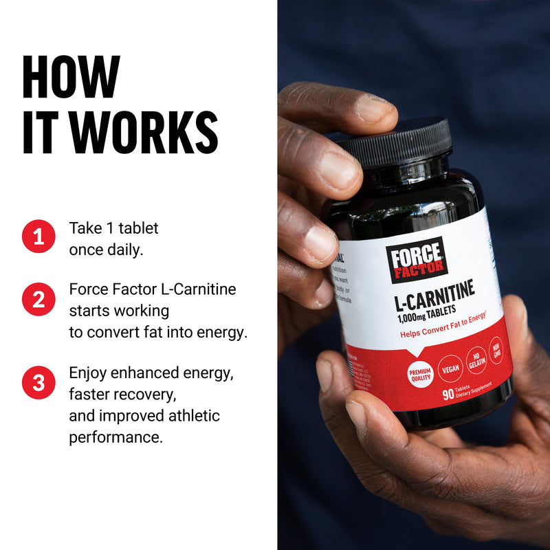 [Australia] - FORCE FACTOR L-Carnitine Supplement, L Carnitine Tartrate 1000mg Tablets to Convert Fat Into Energy, Support Muscle Recovery, and Boost Exercise Performance, Vegan, Non-GMO, 90 Vegetable Capsules 