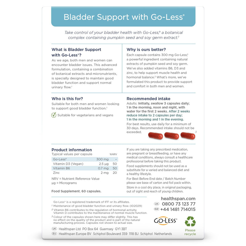 Healthspan Bladder Support with Go-Less® | Supports Good Bladder Health & Urinary Flow | 300 mg Go-Less® | Pumpkin Seed Extract & Soy Germ Extracts | Added Vitamin B6, D3 & Zinc | Vegan (60 Capsules) 60 count (Pack of 1)