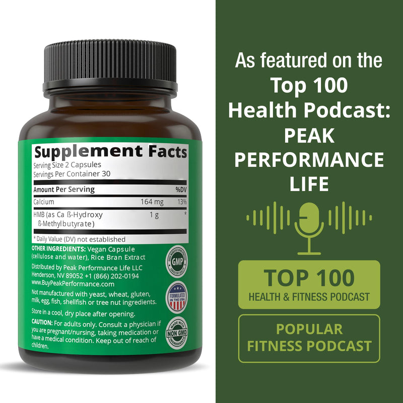 Peak Performance Advanced HMB Supplement. 1000mg of Pure HMB Per Serving | Calcium Beta-Hydroxy Beta-Methylbutyrate | For Muscle Building, Strength, Recovery & Lean Mass for Men & Women | 60 Capsules