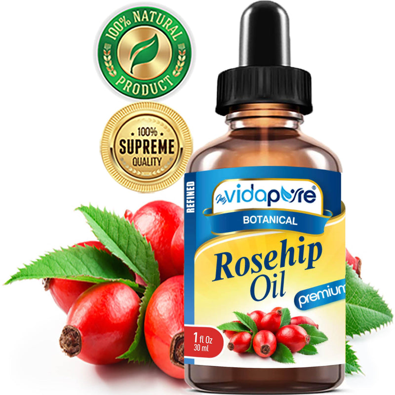 Rosehip Oil Vitamin A, Vitamin C, Vitamen E for Wrinkles, Scars, Stretch Marks, Face, Body, Hair, Lip Care. (1 Fl Oz) 1 Fl Oz (Pack of 1)