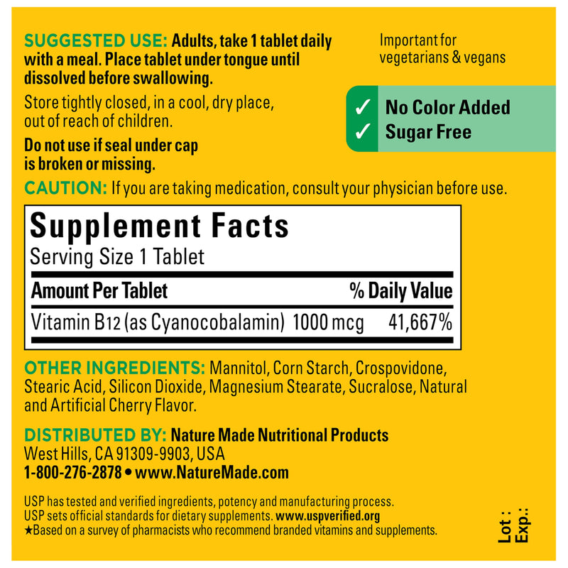 Nature Made Vitamin B12 1000 mcg Fast Dissolve Tablets, 150 Tablets | Easy to Take Vitamin B12 Sublingual Tablets for Energy Metabolism Support for Men and Women, Sugar Free, 150 Day Supply Cherry 150 Count (Pack of 1)