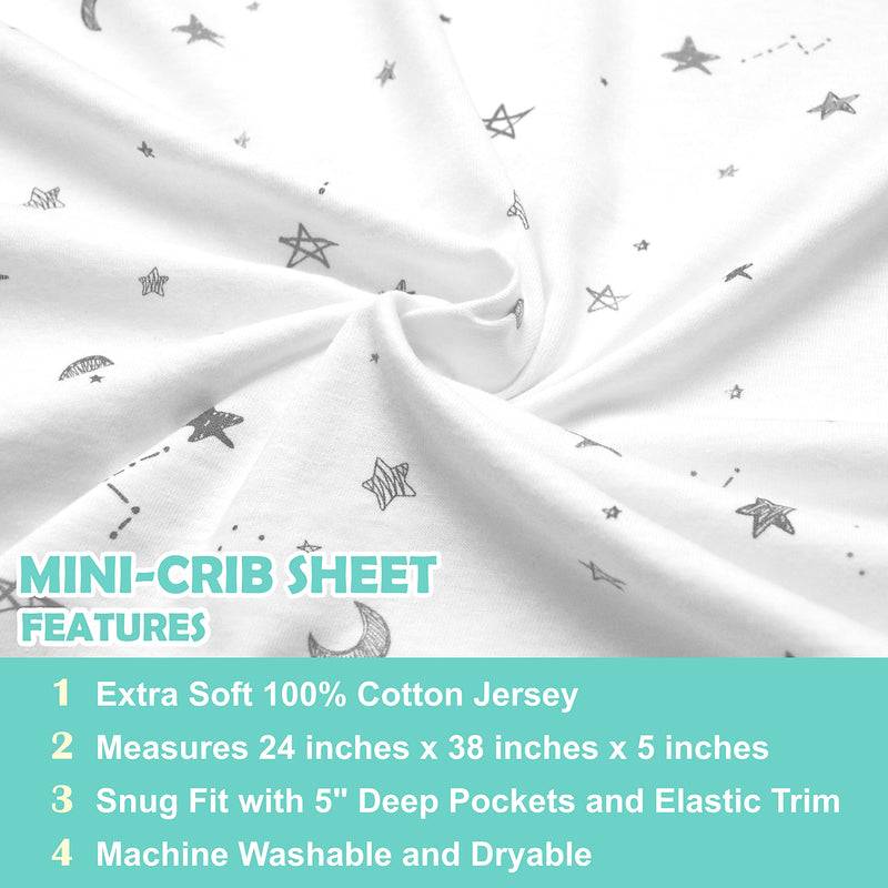[Australia] - American Baby Company 3 Pack Fitted Mini Crib Sheet 24" x 38", Soft Breathable Neutral 100% Cotton Jersey Portable Sheet, Gray Star/Zigzag, for Boys and Girls, Fits Most Pack N Play Mattresses Grey Star/Zigzag 