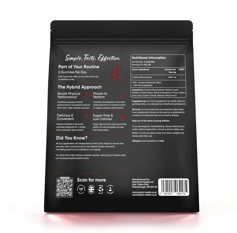 Hybrid Health Creatine Gummies 6,000mg (6g) - 2 Months Supply, 120 Gummies, Strawberry Flavour, Sugar-Free Creatine Monohydrate Gummies for Increased Physical Performance, Creatine for Men & Women