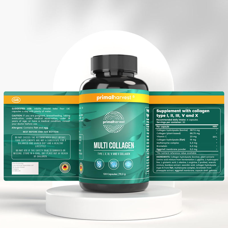 Primal Harvest Multi Collagen Supplement Types I, II, III, V & X Collagen Pills for Men & Women Dairy, Soy & Gluten Free 1 Pack 120 Capsules 120 count (Pack of 1)
