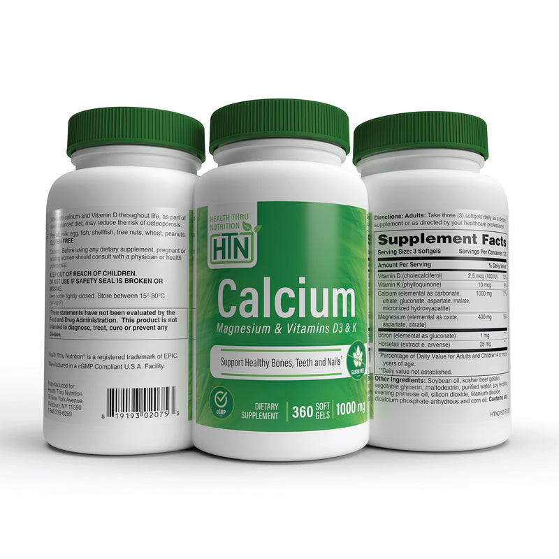 Health Thru Nutrition Calcium 1000mg and Magnesium 400mg with Vitamin D3 & K 360 Softgels (4 Month Supply) | Liquid Calcium 1000mg Magnesium 400mg, Supplement with Vitamin D3 and Boron | Bone Restore & Strength with 6 Calcium Complex Unflavored