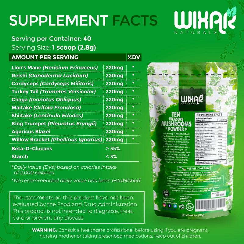 [Australia] - Wixar Mushroom Powder - Ten Treasure Mushrooms Extract Supplement Blend for Coffee & Smoothies - Lions Mane, Turkey Tail, Reishi, Chaga, Shiitake, Cordyceps, Complex - 4oz Mushroom Supplement 