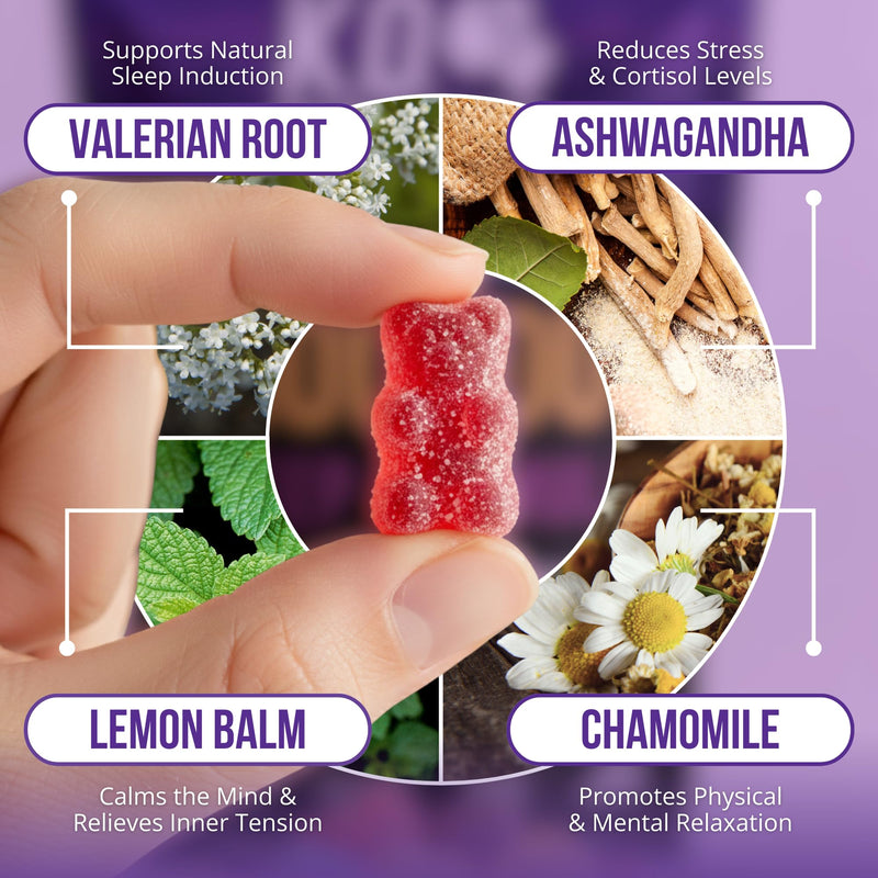 Sleep Gummies for Adults - Valerian Root 500mg, Ashwagandha, Lemon Balm & Chamomile - Natural Sleep aid - Vegan Friendly - 30 Day Supply