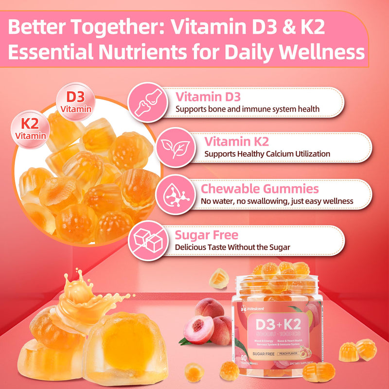 Vitamin D3 K2 Gummies, 5000 IU D3 + 100mcg K2, 90 Count | D3 K2 Supplement with MK-7, Sugar Free Vegan Gummies, Supports Bone Health for Adults, Peach Flavor 90 Count (Pack of 1)