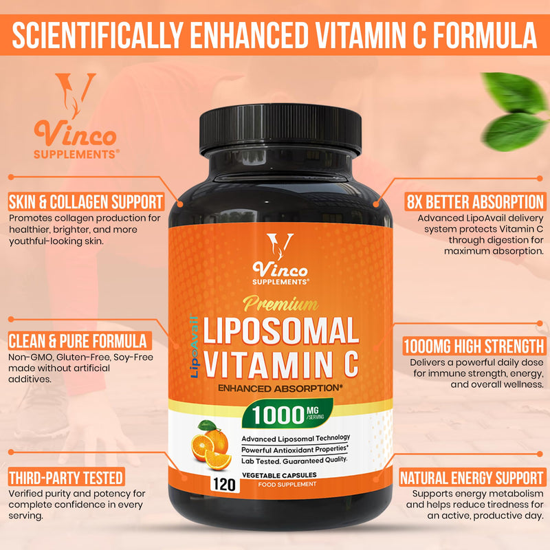 Vinco Liposomal Vitamin C Capsules 1000mg - Advanced Absorption Technology for Daily Wellness Support - Supports Immune Function, Energy Levels & Skin Health - Liposomal VIT C - 120 Vegan Capsules